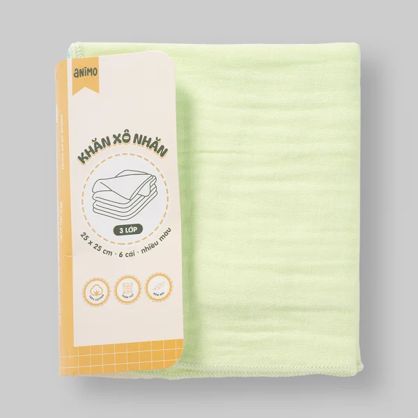 Khăn sữa xô nhăn Cotton 3 lớp trơn Animo T2601_PP001 (25x25cm,6 cái)