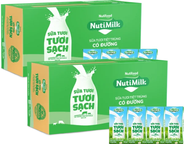 2 Thùng Sữa tươi sạch tiệt trùng Nutimilk, có đường, 110ml (lốc 4 hộp)