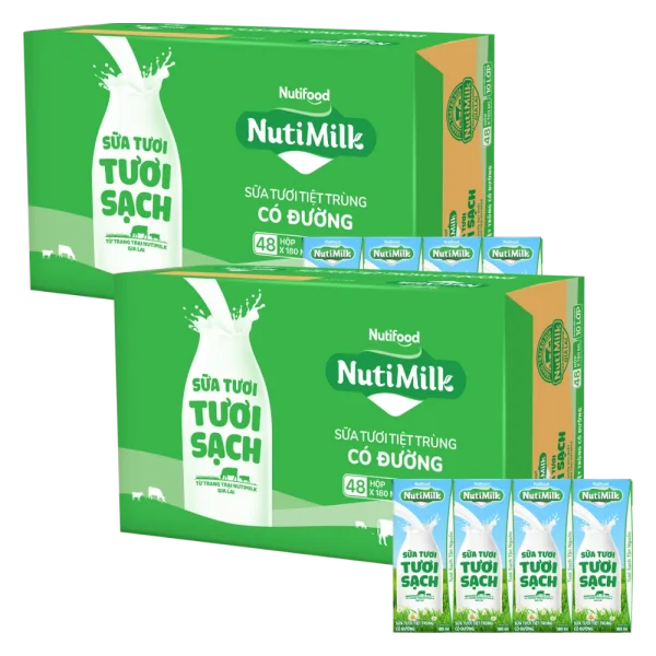2 Thùng Sữa tươi sạch tiệt trùng Nutimilk, có đường, 180ml (lốc 4 hộp)