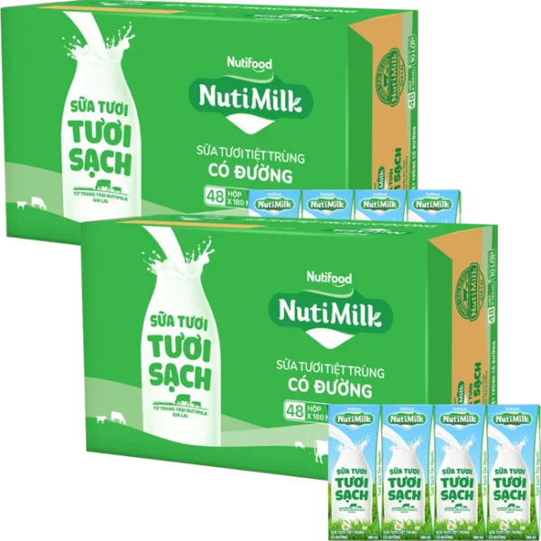 2 Thùng Sữa tươi sạch tiệt trùng Nutimilk, có đường, 180ml (lốc 4 hộp)