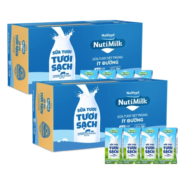2 Thùng Sữa tươi sạch tiệt trùng Nutimilk, ít đường, 110ml (lốc 4 hộp)