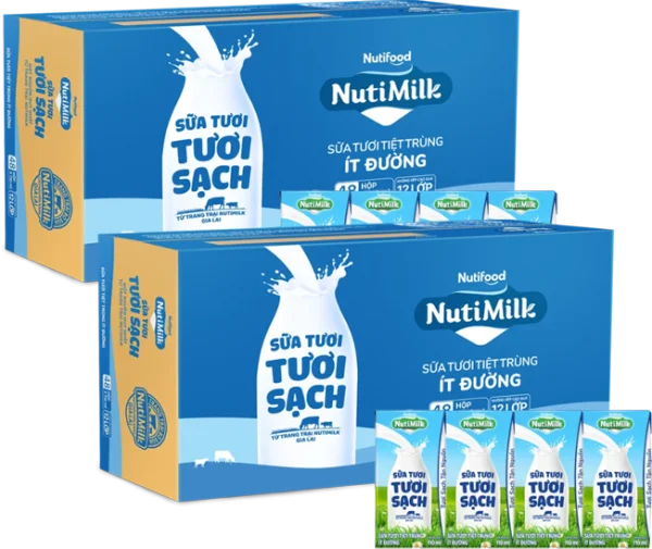 2 Thùng Sữa tươi sạch tiệt trùng Nutimilk, ít đường, 110ml (lốc 4 hộp)