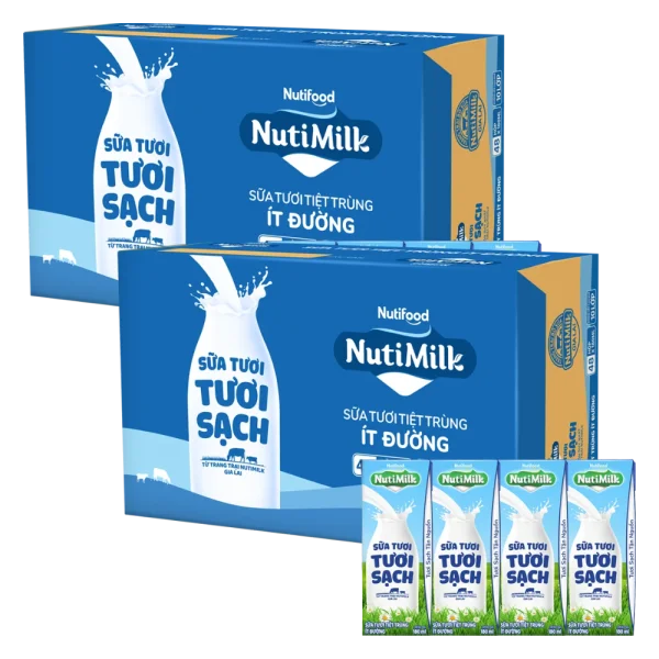 2 Thùng Sữa tươi sạch tiệt trùng Nutimilk, ít đường, 180ml (lốc 4 hộp)