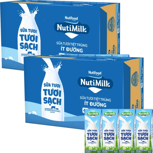 2 Thùng Sữa tươi sạch tiệt trùng Nutimilk, ít đường, 180ml (lốc 4 hộp)