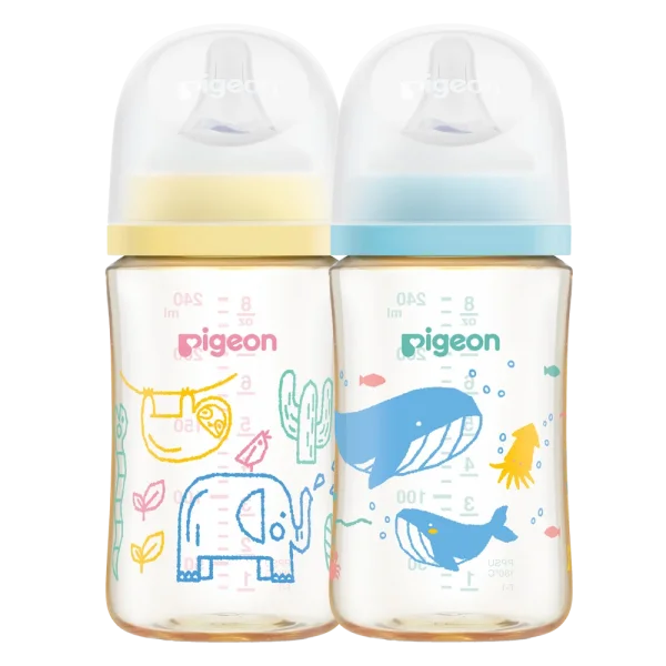 Combo 1 Bình Sữa Pigeon PPSU Softouch Baby-Friendly World 240ml, đại dương (M) và Bình Sữa Pigeon PPSU Softouch Baby-Friendly World 240ml, muông thú (M)