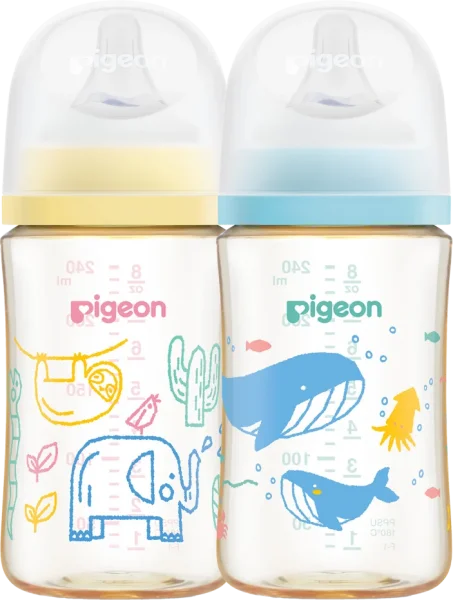 Combo 1 Bình Sữa Pigeon PPSU Softouch Baby-Friendly World 240ml, đại dương (M) và Bình Sữa Pigeon PPSU Softouch Baby-Friendly World 240ml, muông thú (M)