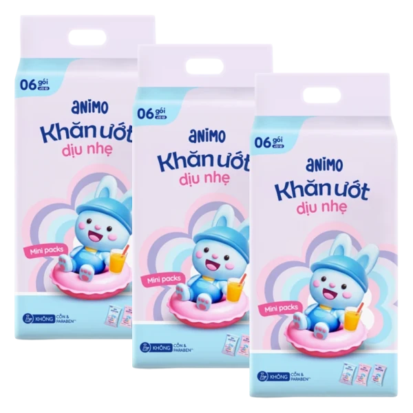 Combo 3 khăn Ướt Dịu Nhẹ Animo Minipacks (6 gói x 10 tờ)