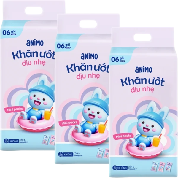 Combo 3 khăn Ướt Dịu Nhẹ Animo Minipacks (6 gói x 10 tờ)