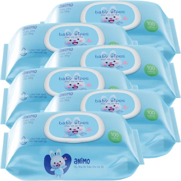Combo 6 Khăn Ướt Dịu Nhẹ Animo không mùi (100 tờ)