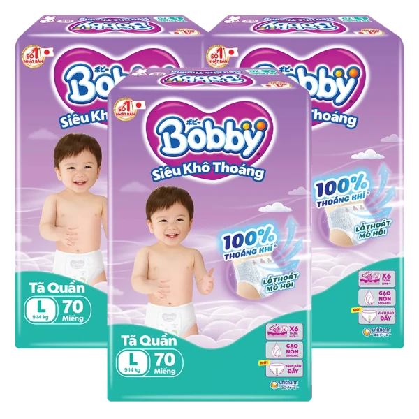 Combo 3 Tã quần Bobby size L, 70 miếng (giao bao bì ngẫu nhiên)