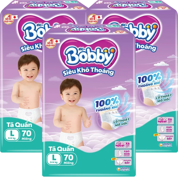 Combo 3 Tã quần Bobby size L, 70 miếng (giao bao bì ngẫu nhiên)
