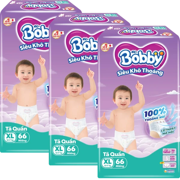 Combo 3 Tã quần Bobby size XL, 66 miếng (giao bao bì ngẫu nhiên)