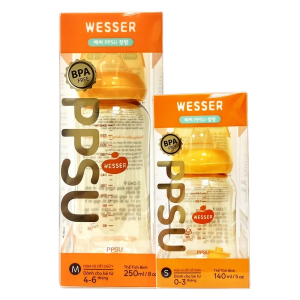 Combo 1 Bình sữa cổ thường Wesser PPSU 250ml và 1 Bình sữa cổ thường Wesser PPSU 140ml