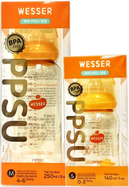 Combo 1 Bình sữa cổ thường Wesser PPSU 250ml và 1 Bình sữa cổ thường Wesser PPSU 140ml
