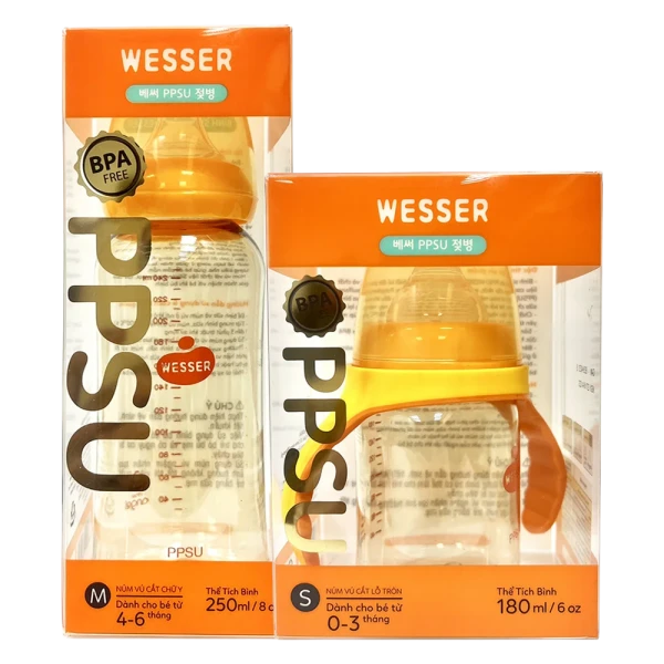Combo 1 Bình sữa cổ thường Wesser PPSU 250ml và 1 Bình sữa cổ rộng Wesser PPSU 180ml