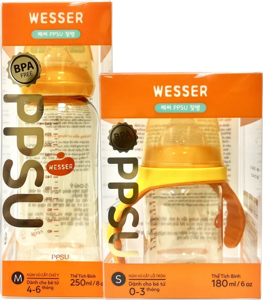 Combo 1 Bình sữa cổ thường Wesser PPSU 250ml và 1 Bình sữa cổ rộng Wesser PPSU 180ml