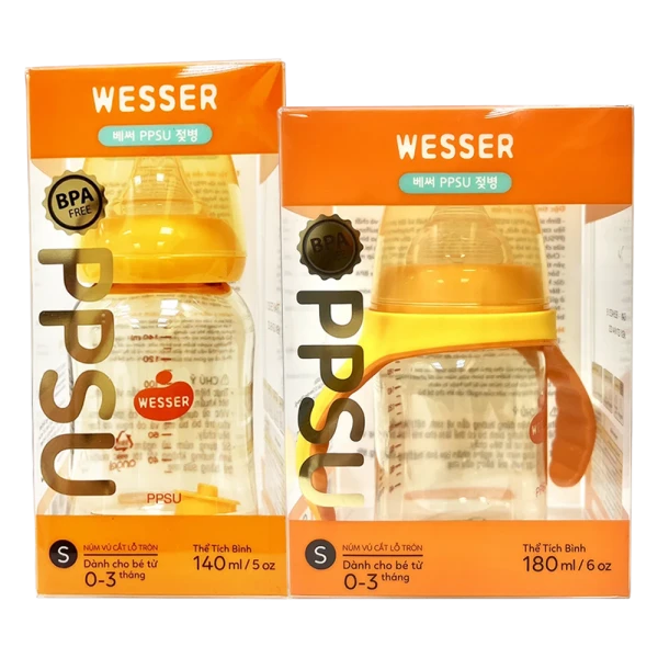 Combo 1 Bình sữa cổ thường Wesser PPSU 140ml và 1 Bình sữa cổ rộng Wesser PPSU 180ml