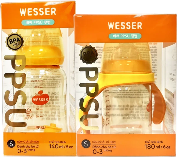 Combo 1 Bình sữa cổ thường Wesser PPSU 140ml và 1 Bình sữa cổ rộng Wesser PPSU 180ml