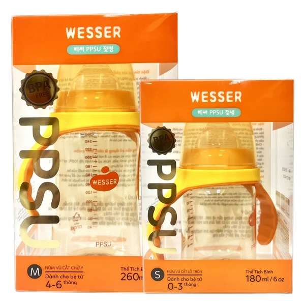 Combo 1 Bình sữa cổ rộng Wesser PPSU 260ml và 1 Bình sữa cổ rộng Wesser PPSU 180ml