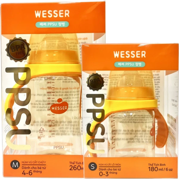 Combo 1 Bình sữa cổ rộng Wesser PPSU 260ml và 1 Bình sữa cổ rộng Wesser PPSU 180ml