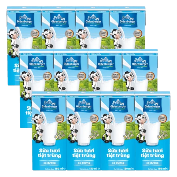 3 lốc Sữa tươi tiệt trùng Oldenburger có đường 180ml (lốc 4 hộp)