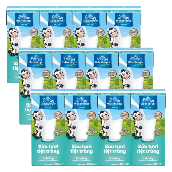 3 lốc Sữa tươi tiệt trùng Oldenburger ít đường 180ml (lốc 4 hộp)