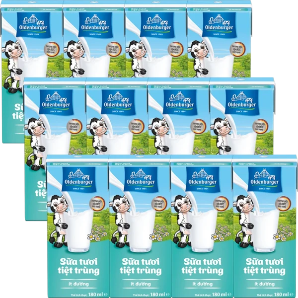 3 lốc Sữa tươi tiệt trùng Oldenburger ít đường 180ml (lốc 4 hộp)