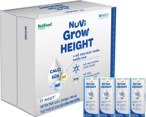 1 Thùng Sữa Bột Pha Sẵn NUVI GROW HEIGHT ít đường 180ML (6 lốc, lốc 4 hộp)