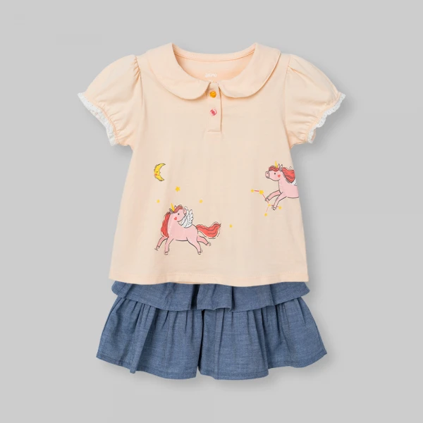 Bộ bé gái ngắn áo polo chân váy Animo LU0526084 (1Y-6Y,Kem-Dương)
