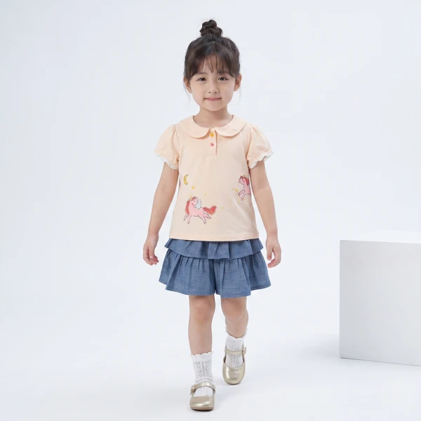 Bộ bé gái ngắn áo polo chân váy Animo LU0526084 (1Y-6Y,Kem-Dương)