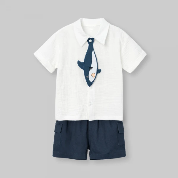 Bộ bé trai ngắn cà vạt Animo Ocean Friends SP26 HN0626011 (1-6Y,Trắng-Dương)