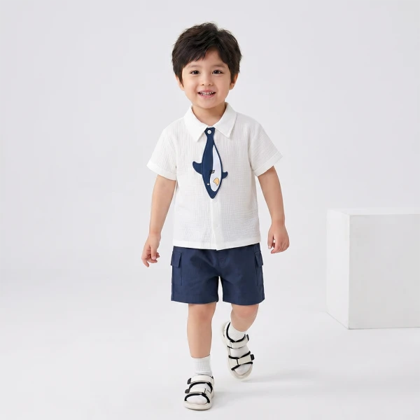Bộ bé trai ngắn cà vạt Animo Ocean Friends SP26 HN0626011 (1-6Y,Trắng-Dương)