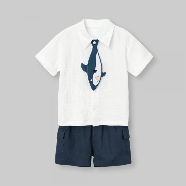 Bộ bé trai ngắn cà vạt Animo Ocean Friends SP26 HN0626011 (1-6Y,Trắng-Dương)