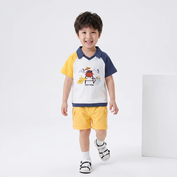 Bộ bé trai ngắn polo Animo Ocean Friends SP26 HN0626017 (1-6Y,Trắng-Vàng)