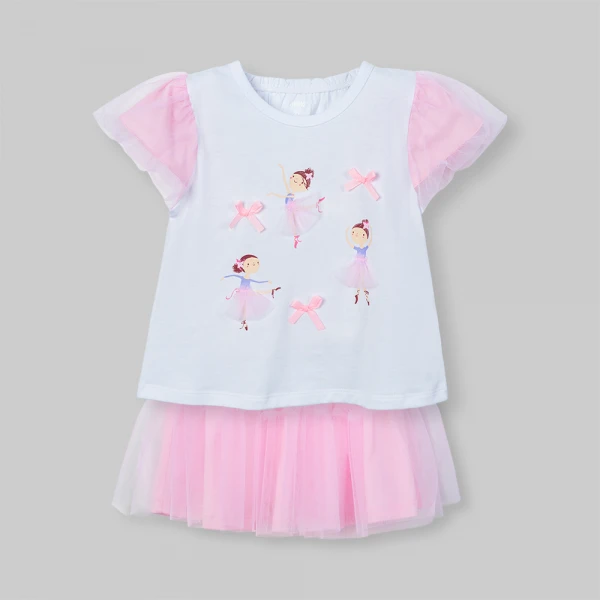 Bộ bé gái ngắn áo tay phồng chân váy Animo LU0526085 (1Y-6Y,Trắng-Hồng)