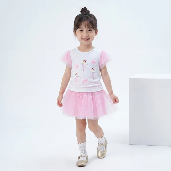 Bộ bé gái ngắn áo tay phồng chân váy Animo LU0526085 (1Y-6Y,Trắng-Hồng)