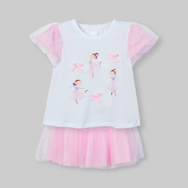 Bộ bé gái ngắn áo tay phồng chân váy Animo LU0526085 (1Y-6Y,Trắng-Hồng)