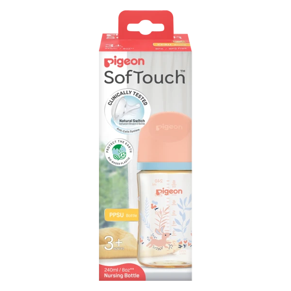 BÌNH SỮA PPSU SOFTOUCH BABY-FRIENDLY WORLD PIGEON HOẠ TIẾT THỎ HỒNG 240ML
