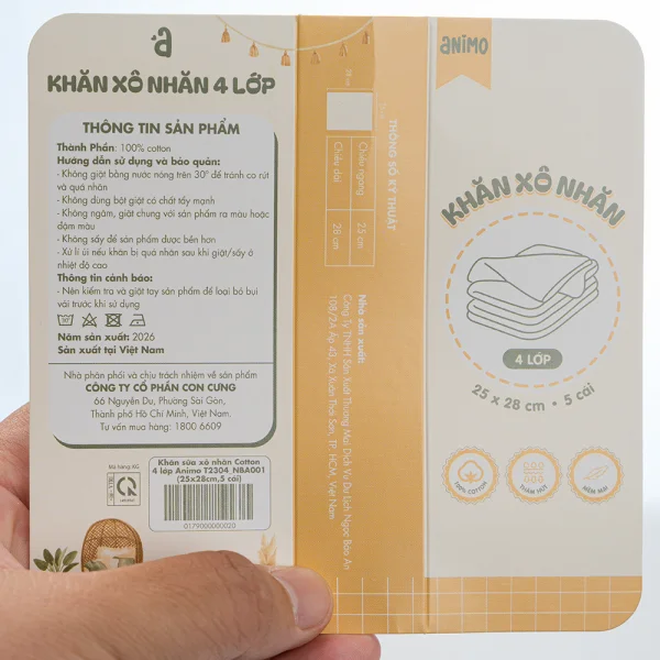 Khăn sữa xô nhăn Cotton 4 lớp Animo T2304_NBA001 (25x28cm,5 cái,Giao mẫu ngẫu nhiên)