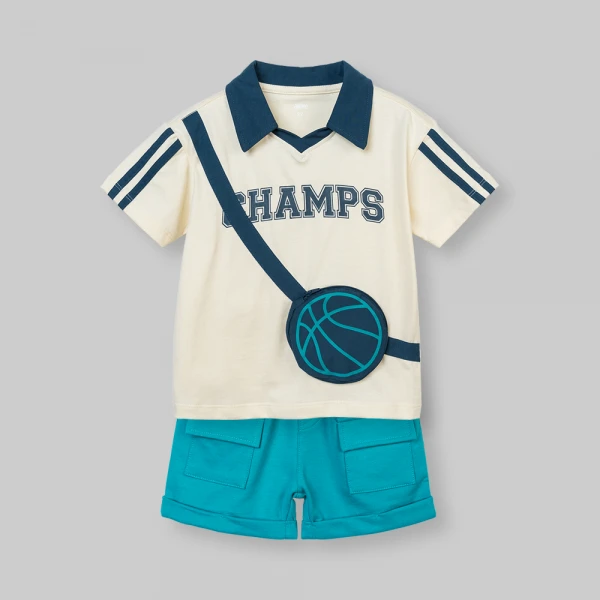 Bộ bé trai ngắn polo Animo champs SP26 HN0526050 (1-6Y,Kem-Lá)