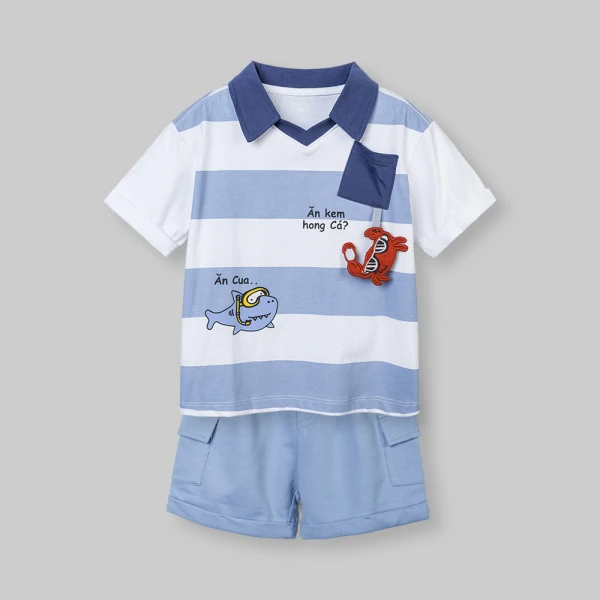 Bộ bé trai ngắn polo Animo Ocean Friends SP26 HN0626013 (1-6Y,Trắng-Biển)