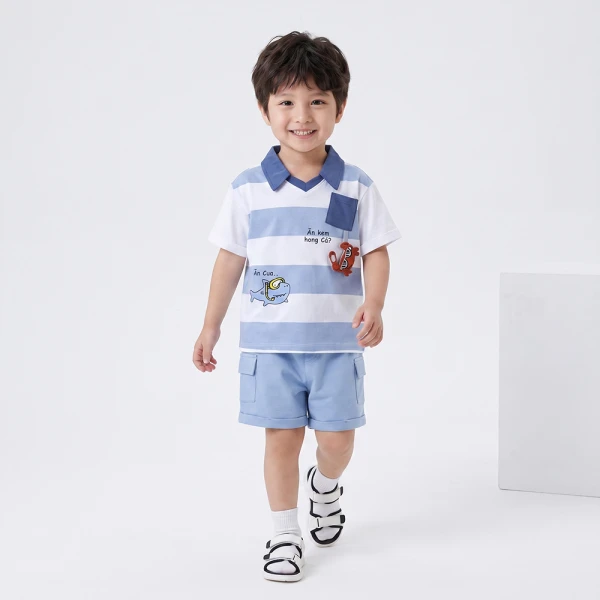 Bộ bé trai ngắn polo Animo Ocean Friends SP26 HN0626013 (1-6Y,Trắng-Biển)