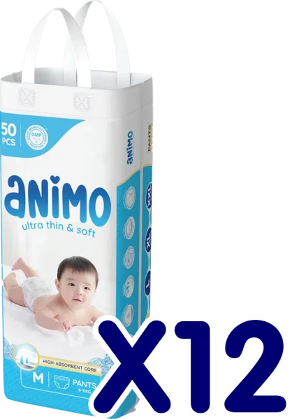 Combo 12 Tã Quần Animo Siêu Mềm Thoáng (M, 50 miếng)