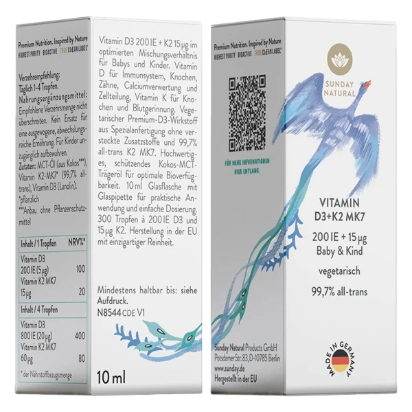 Thực phẩm bảo vệ sức khỏe VITAMIN D3 + K2 MK7 200 IE + 15µg Baby&Kind Sunday Natural
