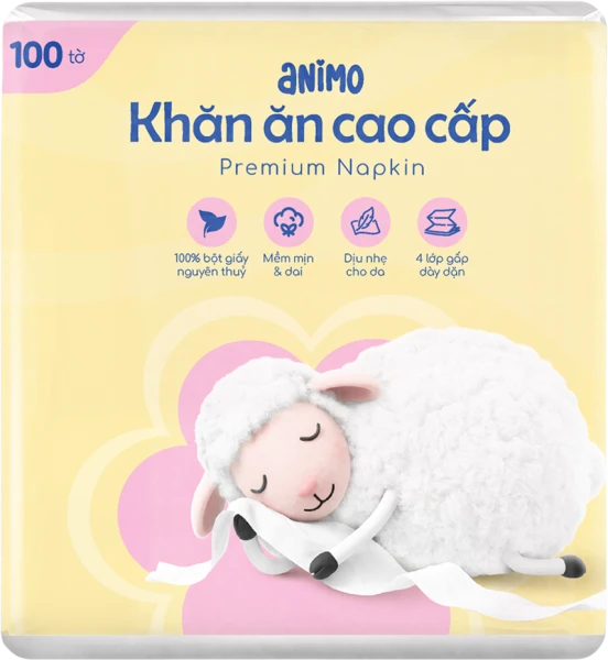 Khăn ăn Animo giấy mềm 4 lớp cho bé và gia đình (100 tờ)