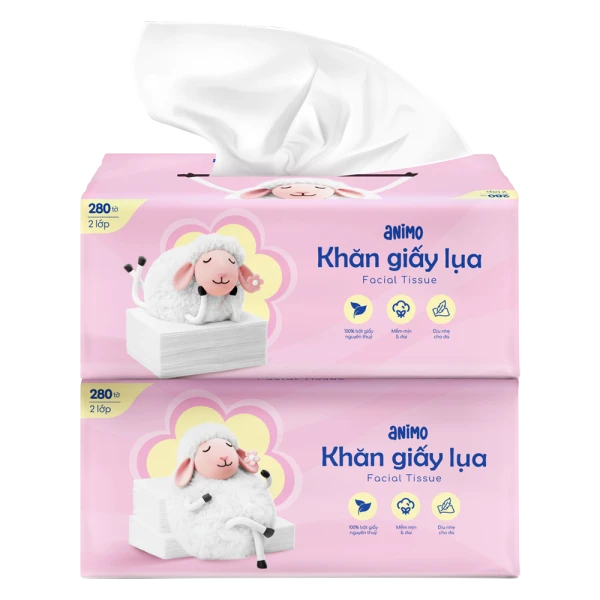 Khăn giấy lụa rút Animo 2 lớp cho bé và gia đình (280 tờ)