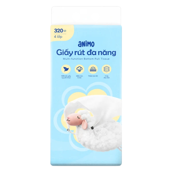 Khăn giấy rút đáy Animo 4 lớp cho bé và gia đình (320 tờ)