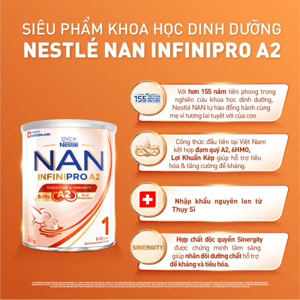Sữa Nestlé NAN INFINIPRO A2 số 1 cho bé 0-12 tháng (800g)