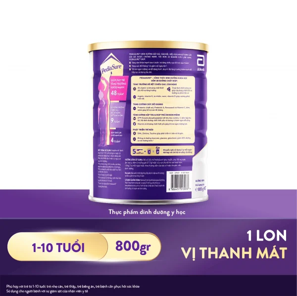 TPDDYH Pediasure vị thanh mát, ít ngọt hơn, hương vani 800g (1-10 tuổi)
