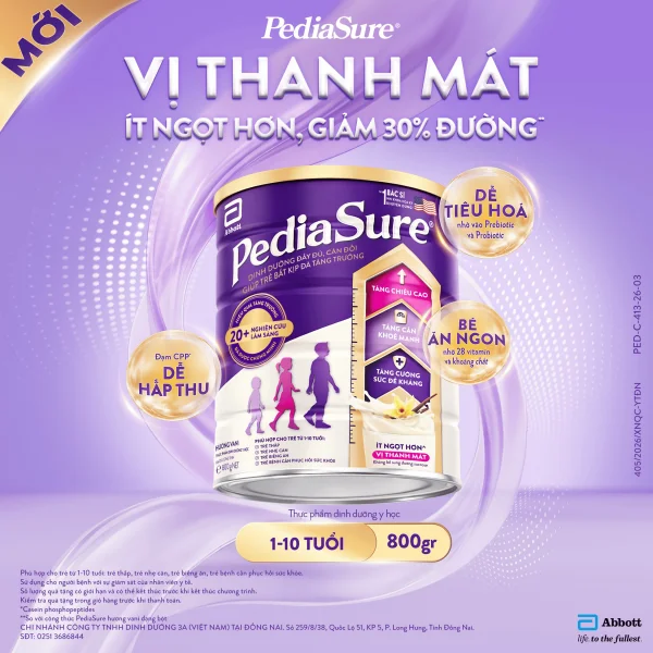 TPDDYH Pediasure vị thanh mát, ít ngọt hơn, hương vani 800g (1-10 tuổi)